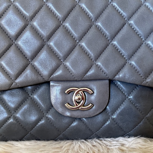 Authentic Chanel Classic Jumbo Single Flap Bag in Grey Lambskin Silver Hardware - Picture 6 of 12